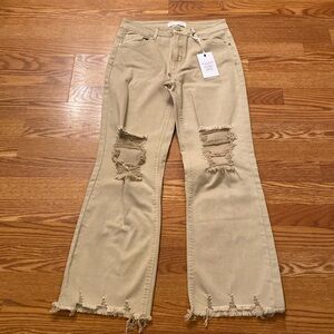 Risen Tan Flare Wide Leg Jeans with Distressed Details